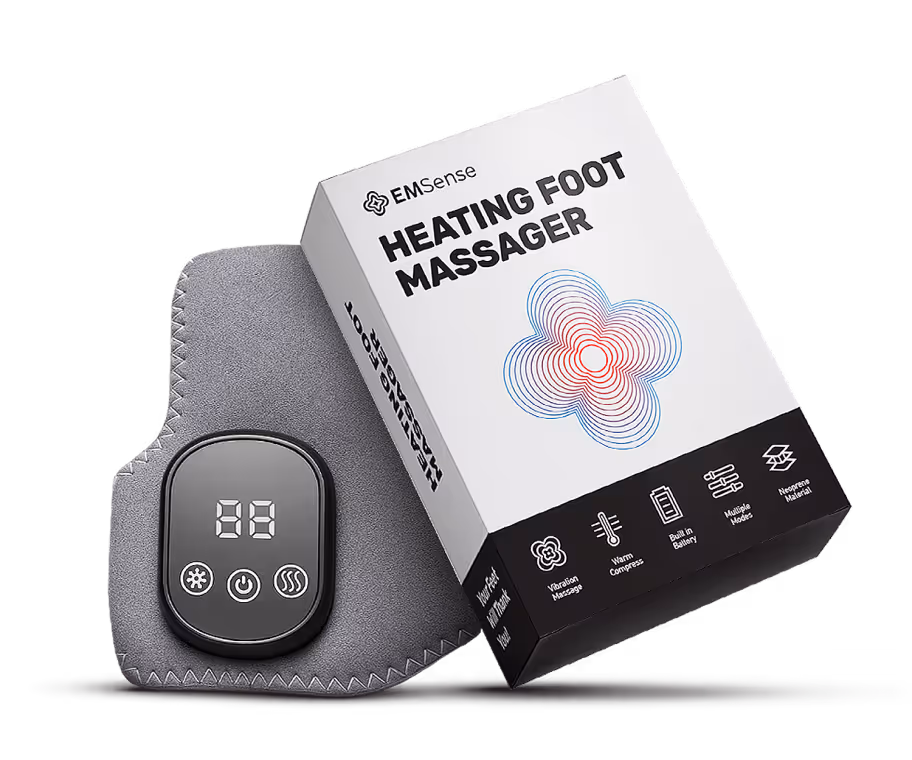 EMSense Erfahrungen und Test 2026: EMSense Heating Foot Massager FuĂmassagegerĂ€t mit Bedienfeld neben der Verpackung