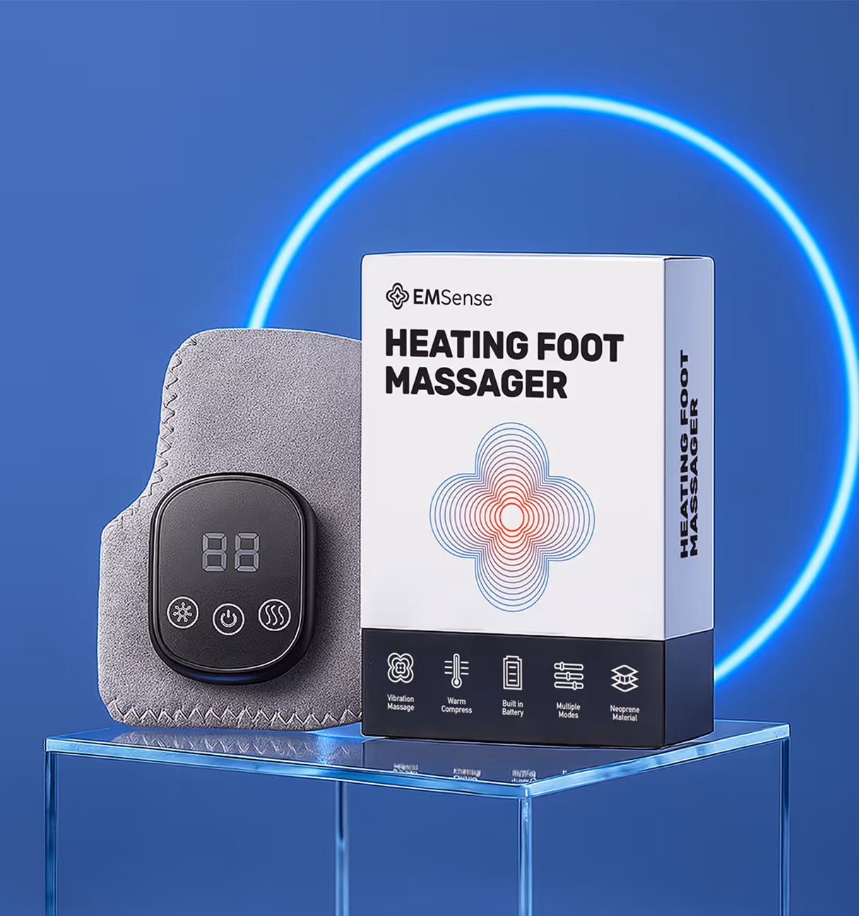 EMSense FuĂmassagegerĂ€t mit Bedienfeld und Verpackung â Produktbild