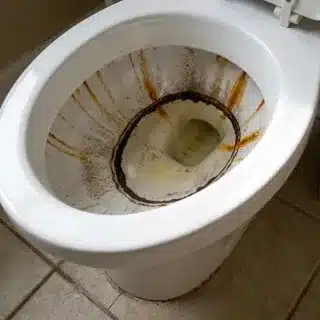 Vorher: Toilette mit Urinstein, Kalkrand und Rostschlieren