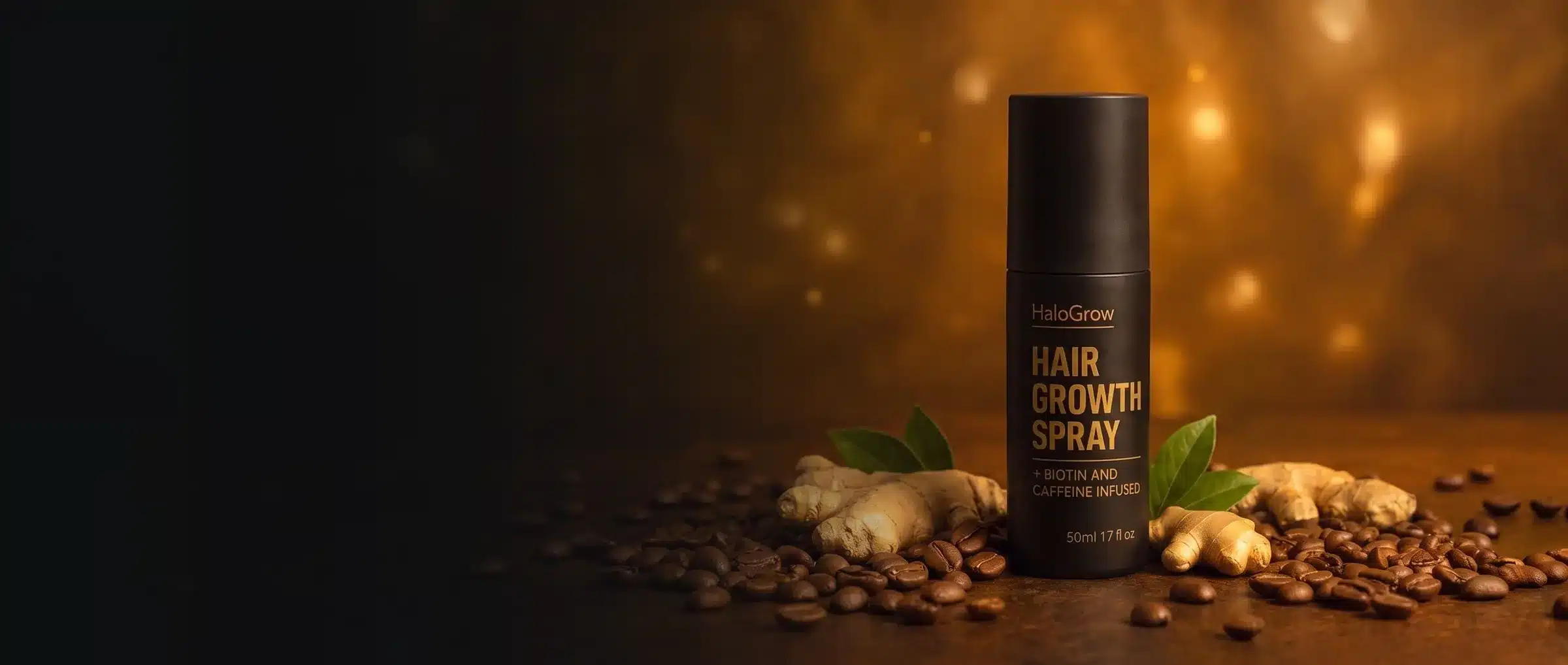 HaloGrow Erfahrungen und Test 2026: HaloGrow Hair Growth Spray Flasche mit Kaffeebohnen und Ingwer