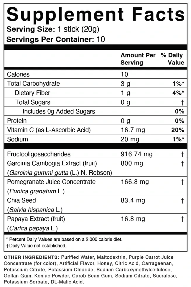 Hinuki Inhaltsstoffe: Supplement Facts mit Nährwerten pro 20-g-Stick – FOS, Garcinia Cambogia, Granatapfel, Chiasamen, Papaya