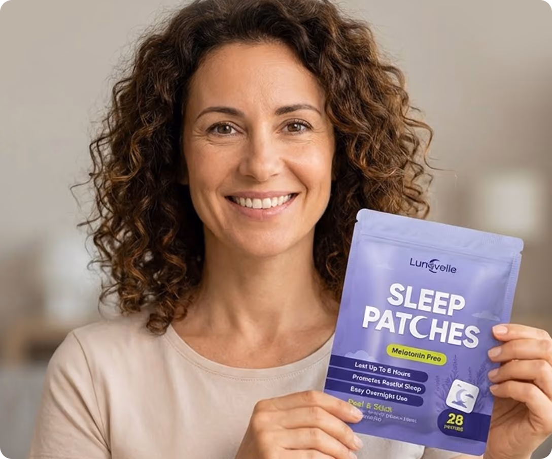 LÀchelnde Anwenderin hÀlt eine Packung Lunavelle Sleep Patches Schlafpflaster in der Hand