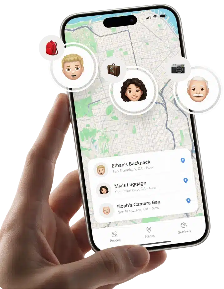 Hand hĂ€lt Smartphone mit Kartenansicht â Ondrela Tracker-Karte und geteilte Standorte der Familie in der Tracking-App