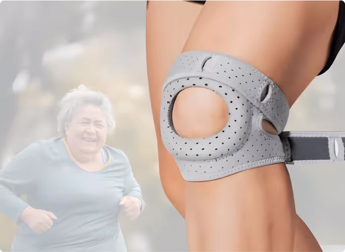 Wellnee Kniebandage am Bein â Detail der Patella-Aussparung und Perforation