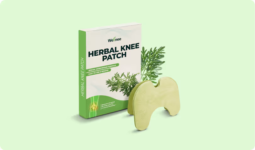 Wellnee Pflaster Produktbild â Verpackung Herbal Knee Patch mit knieförmigem KrĂ€uterpflaster